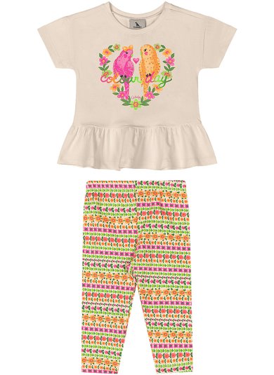 Conjunto Floral com Blusa e Calça Legging para Bebê Bege