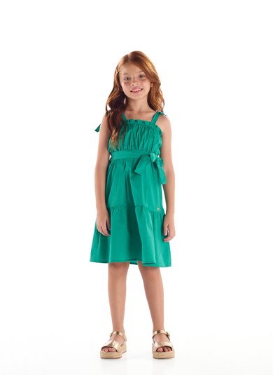 Vestido Infantil em Tricoline Franzido Verde