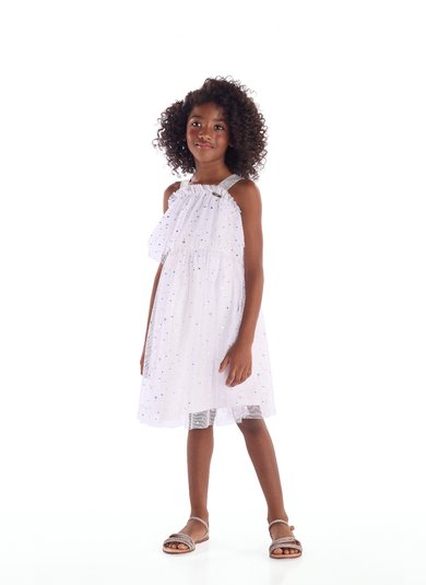 Vestido Infantil de Festa em Tule com Forro em Algodão Branco