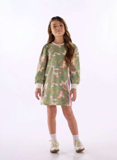 Vestido Infantil Quimby Manga Longa Estampado Multicolor