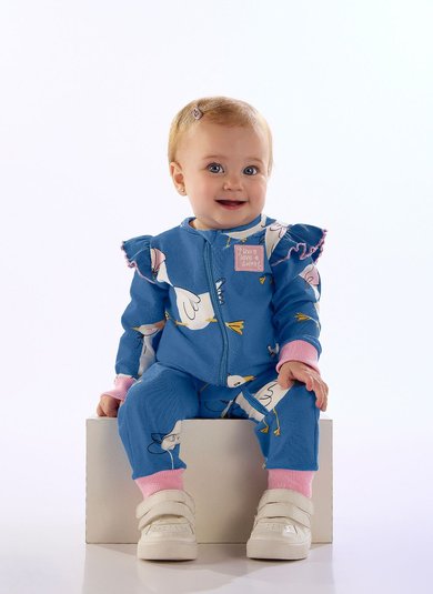 Macacão para Bebê Menina em Cotton Duquesa Azul Três e Já