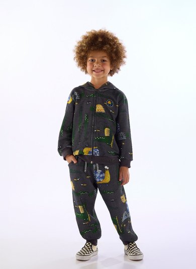 Conjunto Pega-pega Jaqueta e Calça Infantil Cinza Chumbo Três e Já