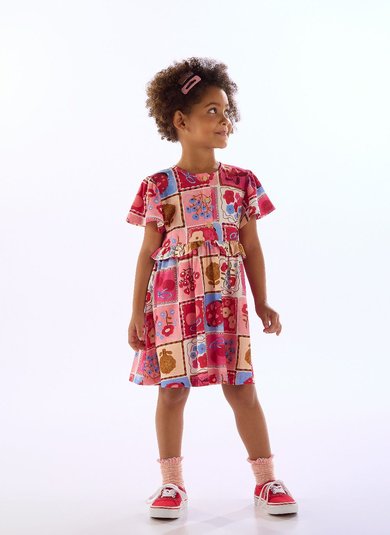 Vestido Infantil Dona Joana em Cotton Multicolor Três e Já
