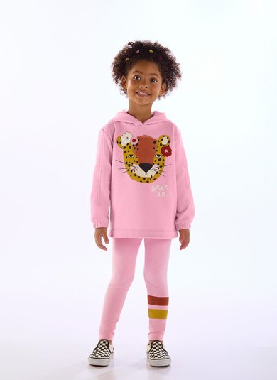 Conjunto Infantil Onça Florida com Blusão e Calça Rosa Claro Três e Já