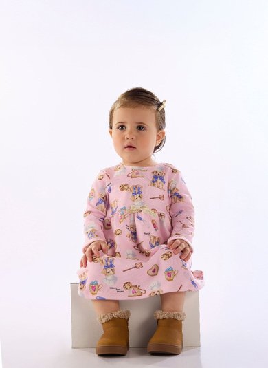 Vestido Bebê Menina em Suedine com Manga Longa Multicolor