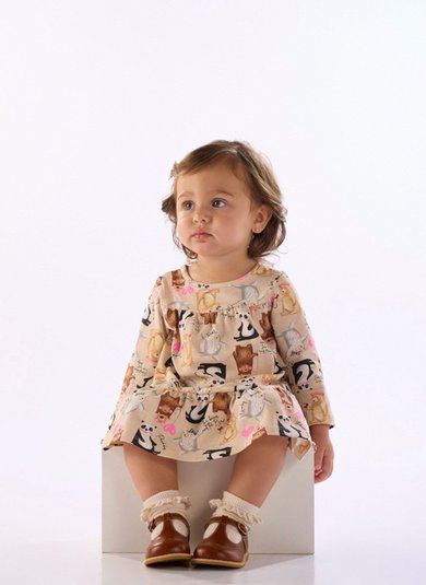 Vestido Bebê Menina em Cotton com Manga Longa Multicolor