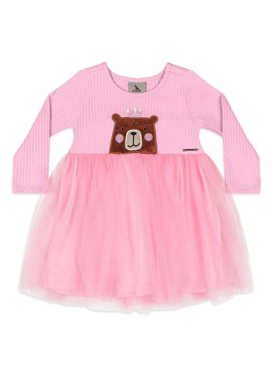 Vestido Bebê Menina em Ribana com Tule e Forro Rosa