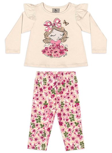 Conjunto Bebê Menina com Blusa Estampada e Legging Floral Bege