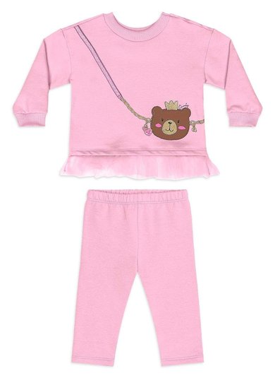 Conjunto Bebê Menina Blusão Molecotton com Tule e Legging em Molecotton Rosa