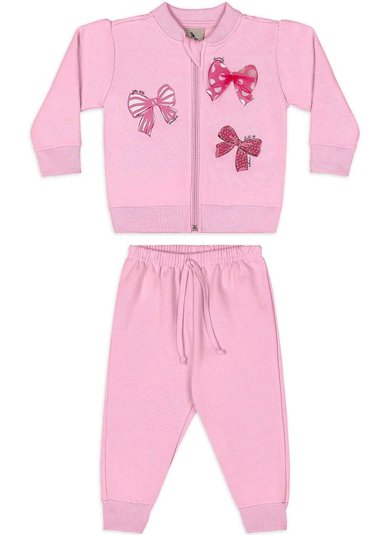 Conjunto Bebê Menina com Jaqueta e Calça em Moletom Rosa
