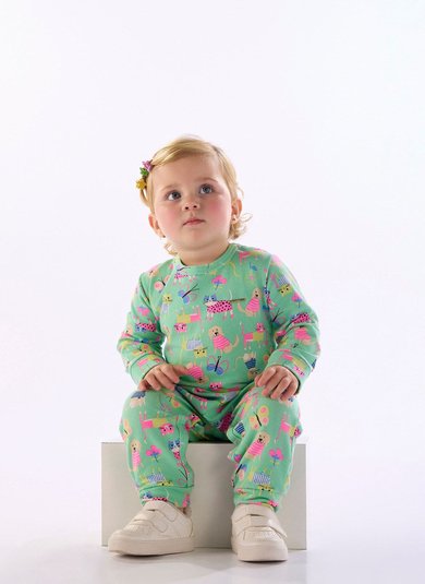Macacão Bebê Menina em Cotton Felpado com Estampa Divertida Multicolor
