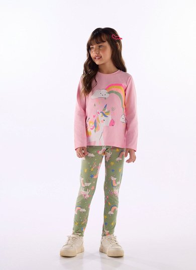 Conjunto menina blusa com estampa e legging cotton Rosa