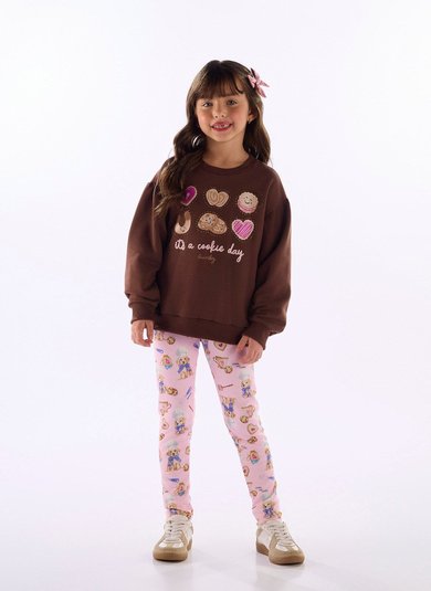 Conjunto menina moletom felpado com legging sublimada Marrom