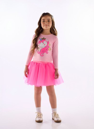 Blusa menina manga longa meia malha com estampa de unicórnio Rosa