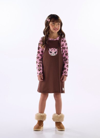 Conjunto Salopete de Moletom Floral Infantil Menina Marrom