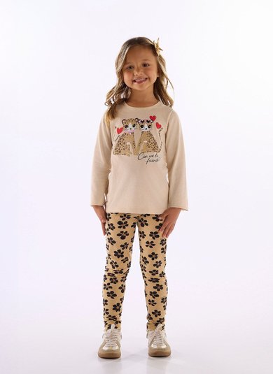 Conjunto menina com blusa estampada e legging floral Bege