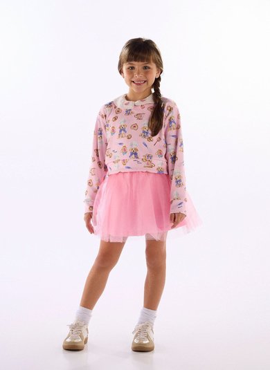 Conjunto infantil feminino com blusa estampada e saia de tule Multicolor