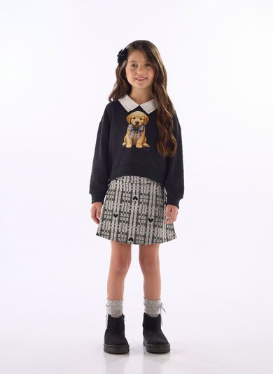 Conjunto infantil feminino com blusão e saia xadrez Preto
