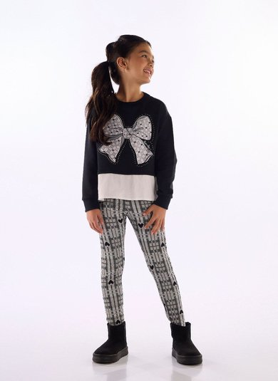 Conjunto infantil com blusa laço e legging xadrez Preto