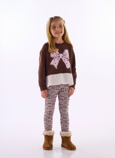 Conjunto infantil com blusa laço e legging xadrez Marrom