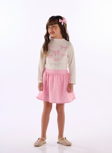 Conjunto infantil blusa com saia e short embutido Bege
