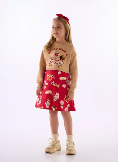 Conjunto infantil com blusão e vestido em cotton felpado Marrom