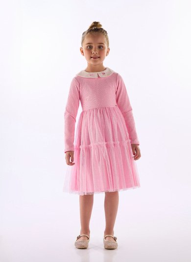 Vestido infantil em ribana com saia de tule Rosa
