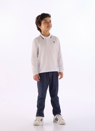Camisa Polo Manga Longa Infantil em Piquet Branco