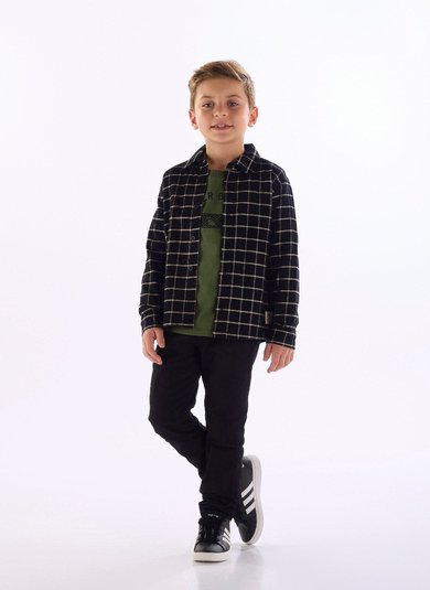 Camisa infantil menino manga longa com estampa xadrez Preto
