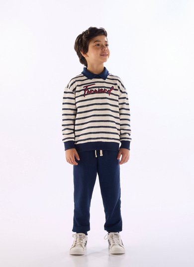 Conjunto infantil menino blusão listrado e calça moletom Azul Marinho