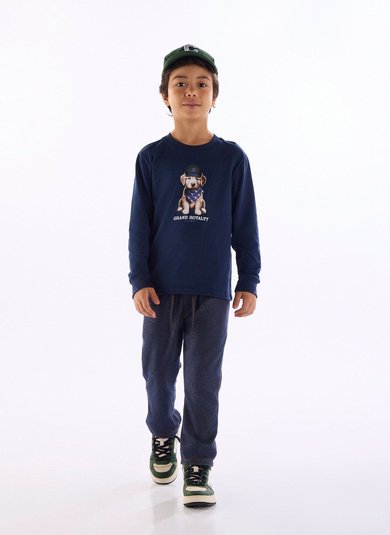 Camiseta infantil manga longa com estampa de cachorro Azul Marinho