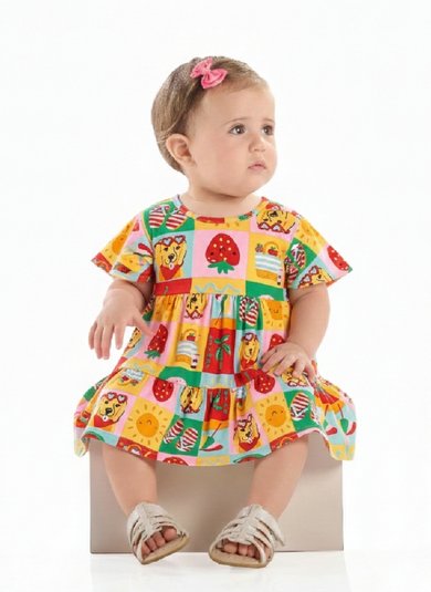 Vestido Bebê em Cotton com Manga Evasê Multicolor
