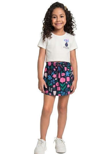 Conjunto com Blusa Cropped e Short-Saia Floral para Menina (Off White) Bee Loop