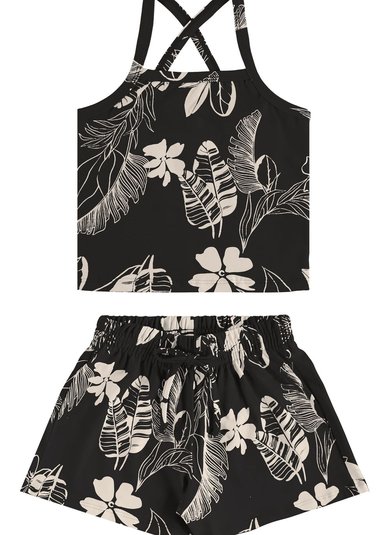 Conjunto Floral com Regata Cropped e Short para Menina (Preto) Bee Loop