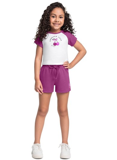 Conjunto com Blusa Cropped Cerejinhas e Short para Menina (Branco) Bee Loop