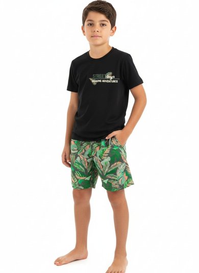 Conjunto com Camiseta e Bermuda Tropical em Microfibra para Menino (Preto) Bee Loop