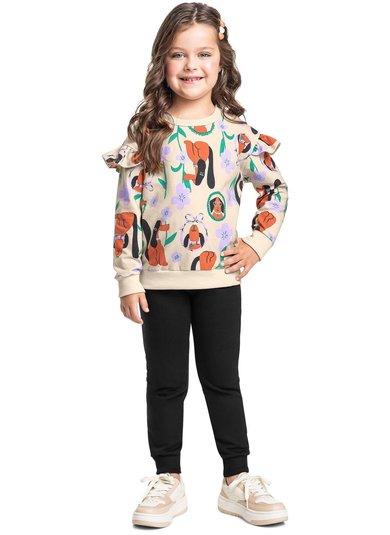 Conjunto Flores & Focinhos para Menina Blusão e Calça (Bege) Bee Loop
