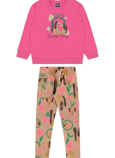 Conjunto Flores & Focinhos Infantil com Blusão e Calça Legging (Rosa) Bee Loop