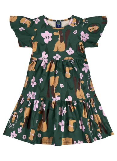 Vestido Flores & Focinhos Infantil em Cotton (Verde) Bee Loop