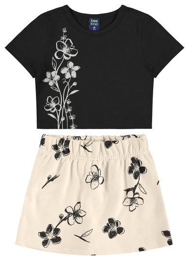 Conjunto Infantil com Blusa Cropped e Short-Saia Floridos (Preto) Bee Loop
