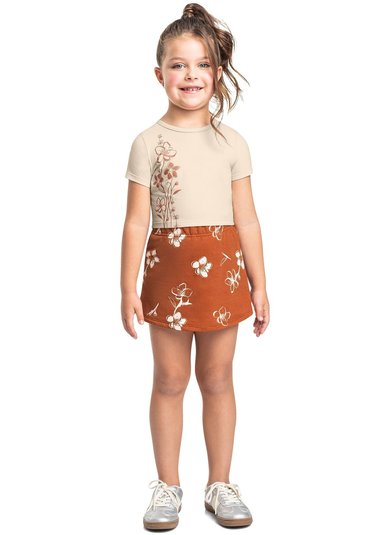 Conjunto Infantil com Blusa Cropped e Short-Saia Floridos (Preto) Bee Loop
