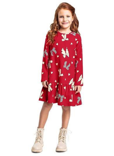 Vestido Infantil em Cotton com Laços e Corações Manga Longa (Vermelho) Bee Loop