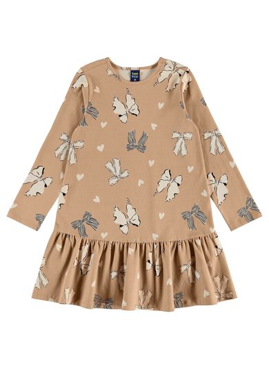 Vestido Infantil em Cotton com Laços e Corações Manga Longa (Bege) Bee Loop