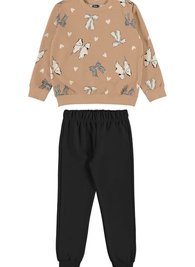 Conjunto Infantil com Blusão Laços e Corações e Calça (Marrom Claro) Bee Loop