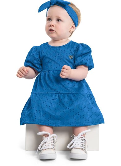 Vestido de Manga Curta e Faixa de Cabelo (Azul) Quimby