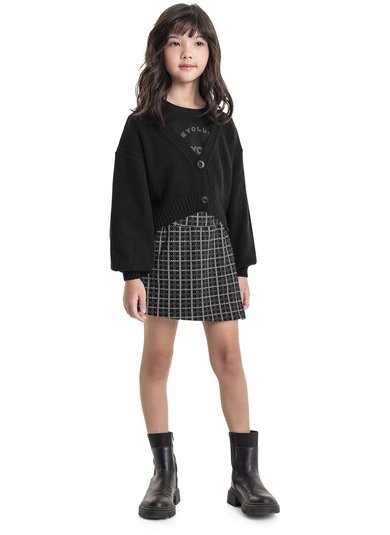 Cardigan Cropped em Tricô Juvenil (Preto) Gloss