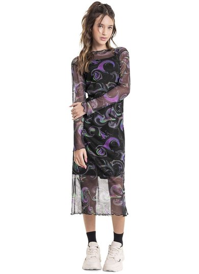 Vestido em Cotton e Sobreposição Midi em Tule Juvenil (Preto) Gloss