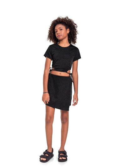 Conjunto Blusa Cropped e Short-Saia em Malha Lurex Juvenil (Preto) Gloss