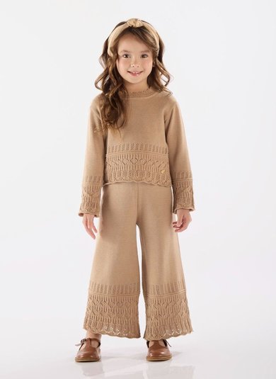 Conjunto com Blusão e Calça em Tricot para Menina Marrom