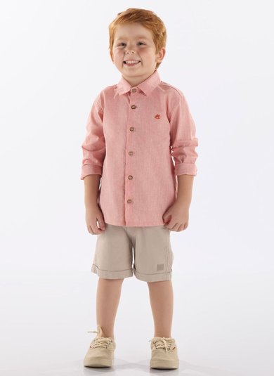 Camisa Infantil Masculina em Linho e Algodão Rosa